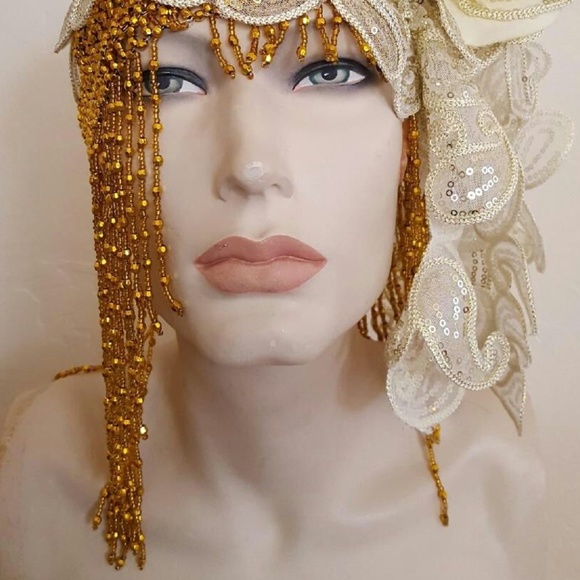 Gatsby 20's Gold Ivory Sequin Lace Headpiece - Picture 7 of 7